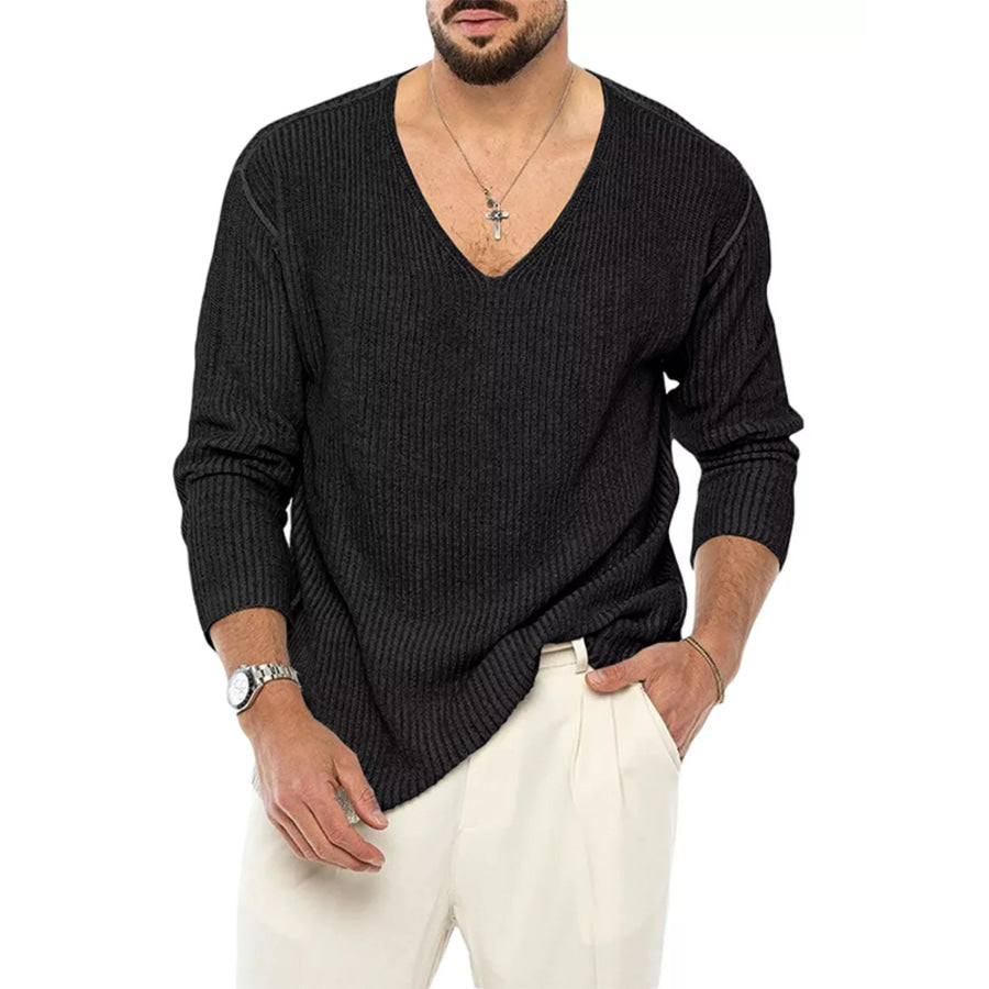 Men’s Casual V-Neck Ribbed Knit Sweater Black / M Apparel and Accessories