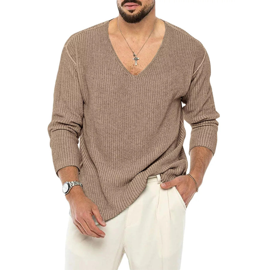 Men’s Casual V-Neck Ribbed Knit Sweater Khaki / M Apparel and Accessories
