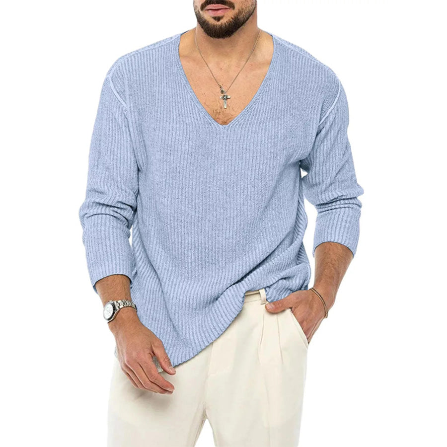 Men’s Casual V-Neck Ribbed Knit Sweater Light Blue / M Apparel and Accessories