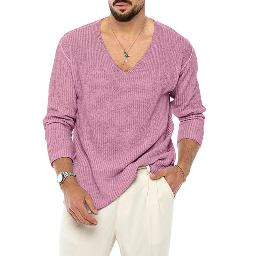 Men’s Casual V-Neck Ribbed Knit Sweater Pink / M Apparel and Accessories