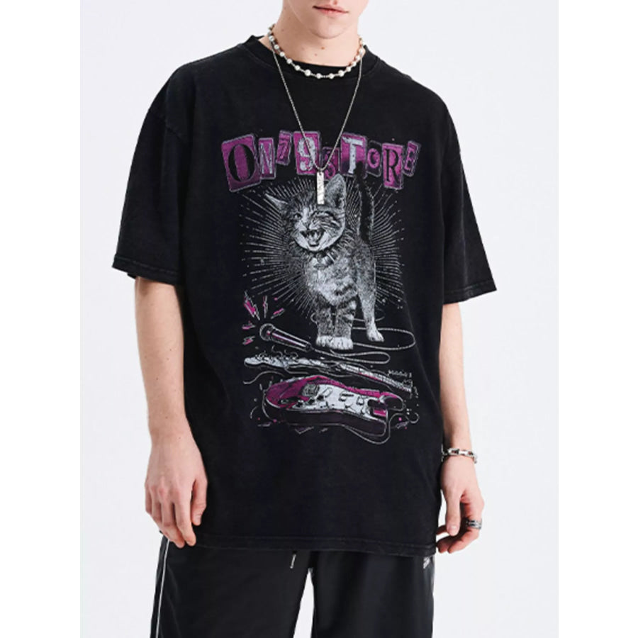 Men’s Cat Graphic Oversized T-Shirt Wash Black / M Apparel and Accessories