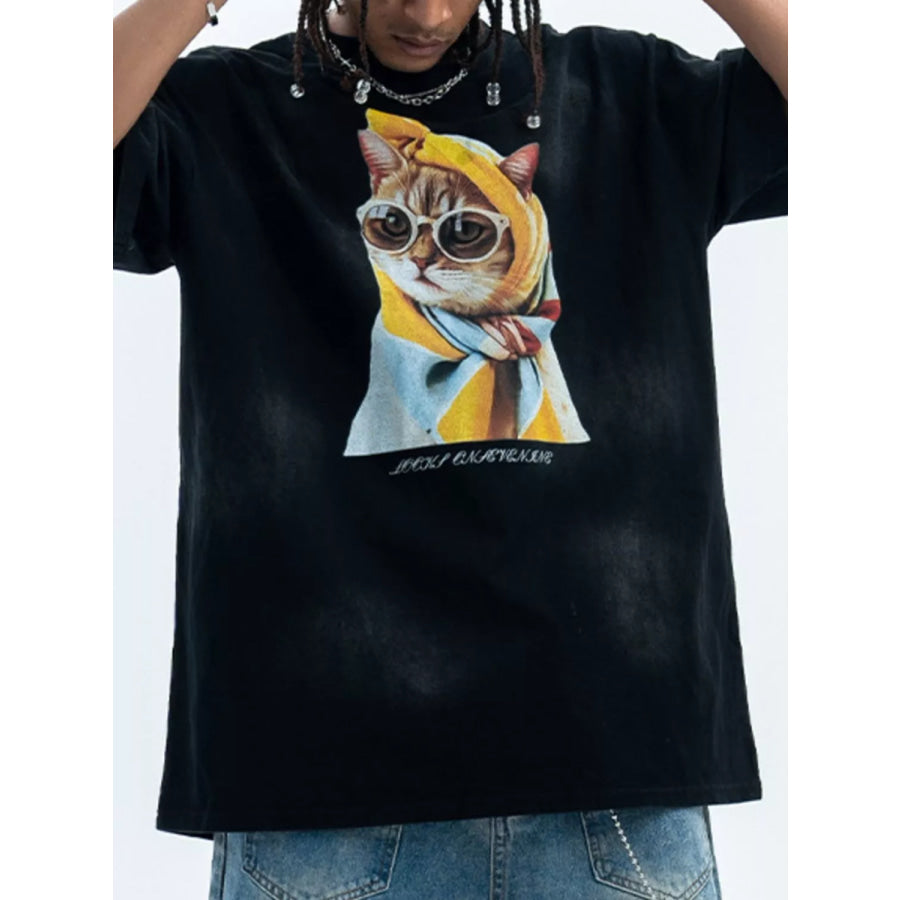 Men’s Cat Graphic Round Neck T-Shirt Apparel and Accessories