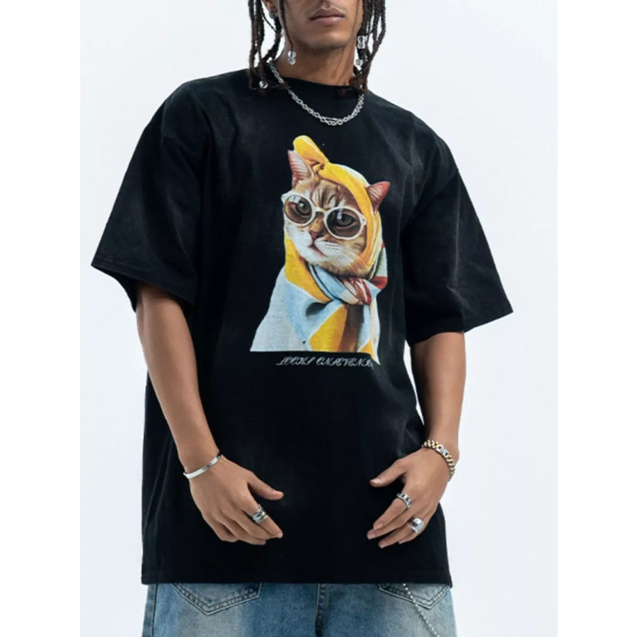 Men’s Cat Graphic Round Neck T-Shirt Washed Black / S Apparel and Accessories
