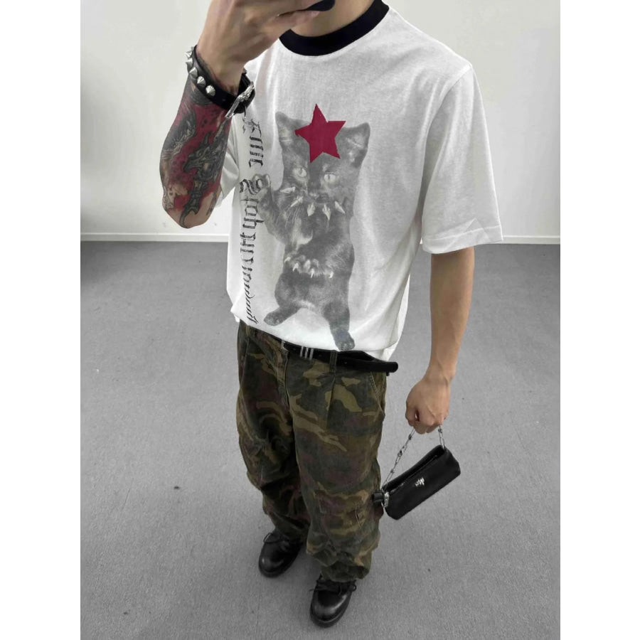 Men’s Cat Star Graphic Short Sleeve T-Shirt White / M Apparel and Accessories