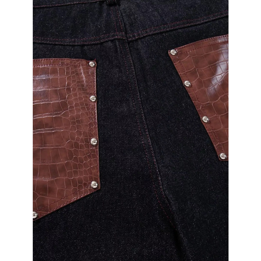 Men’s Contrast Faux Leather Paneling Button Fly Jeans Apparel and Accessories