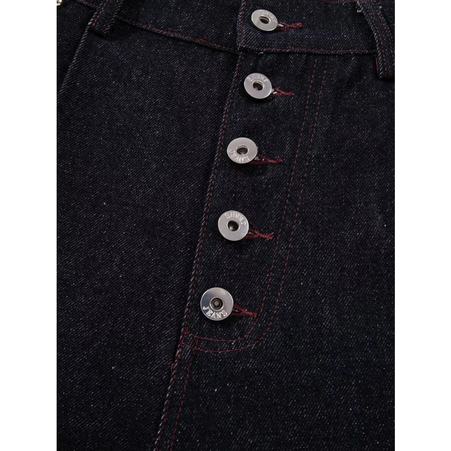 Men’s Contrast Faux Leather Paneling Button Fly Jeans Apparel and Accessories