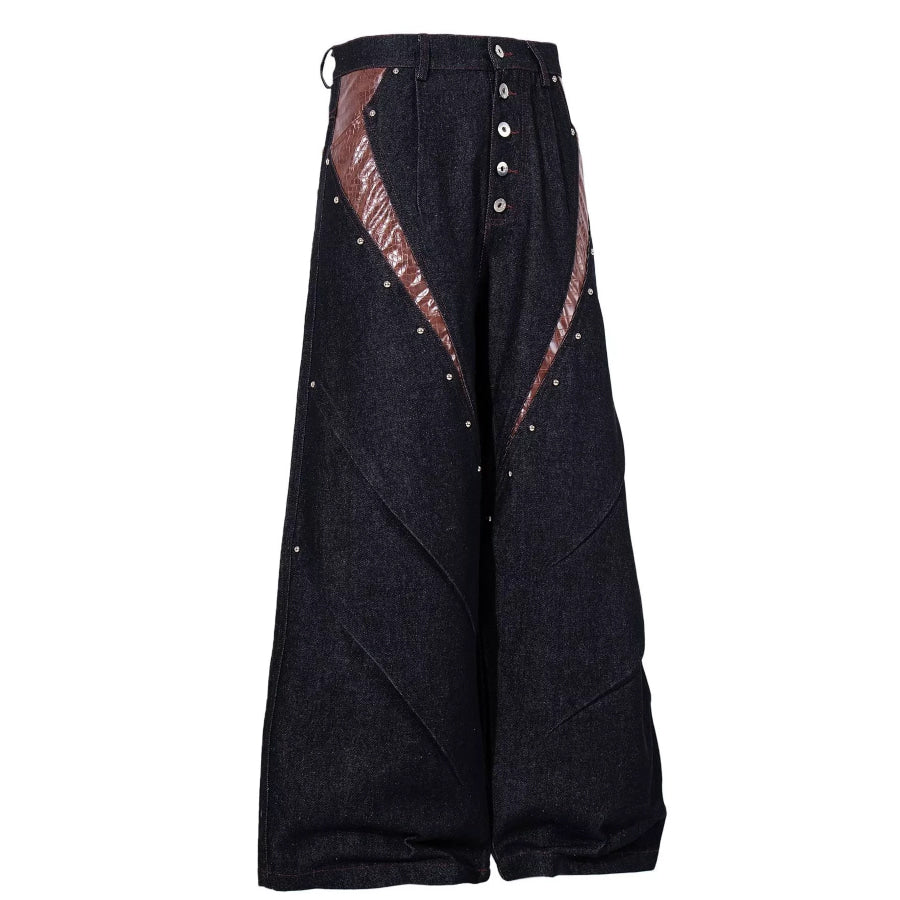 Men’s Contrast Faux Leather Paneling Button Fly Jeans Apparel and Accessories