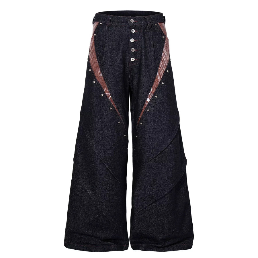 Men’s Contrast Faux Leather Paneling Button Fly Jeans Black / M Apparel and Accessories
