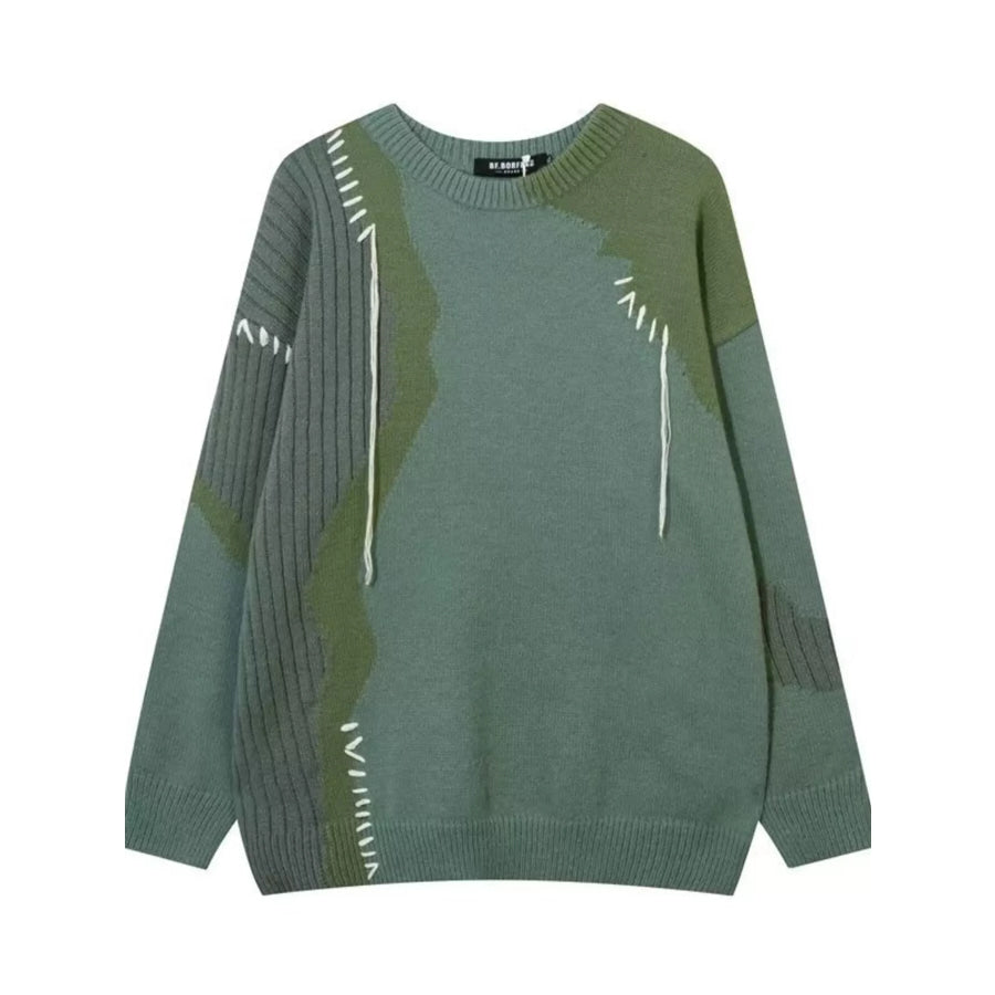 Men’s Contrast Round Neck Long Sleeve Sweater Green / M Apparel and Accessories