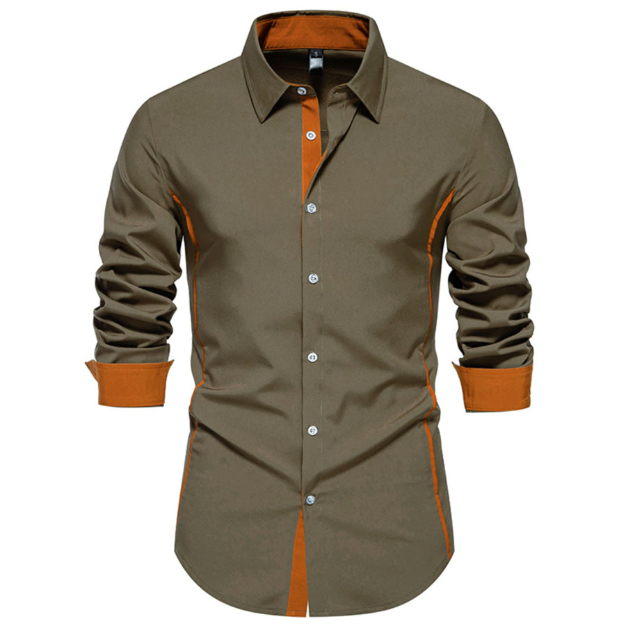 Men’s Contrast Trim Button-Down Shirt Military Green / S Apparel and Accessories