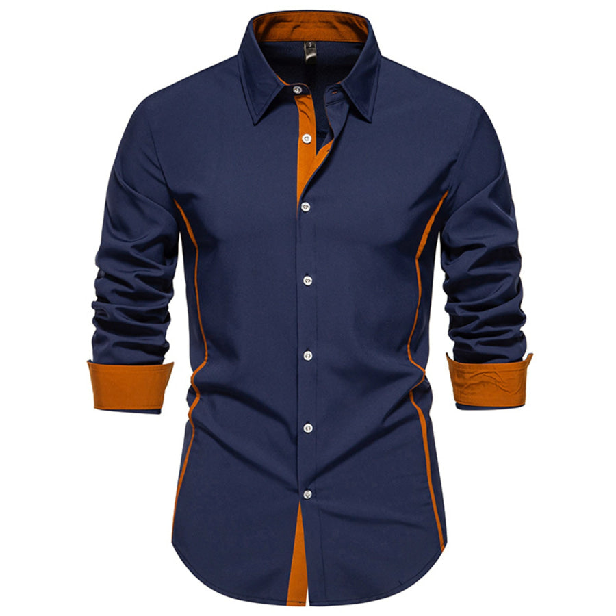 Men’s Contrast Trim Button-Down Shirt Navy Blue / S Apparel and Accessories