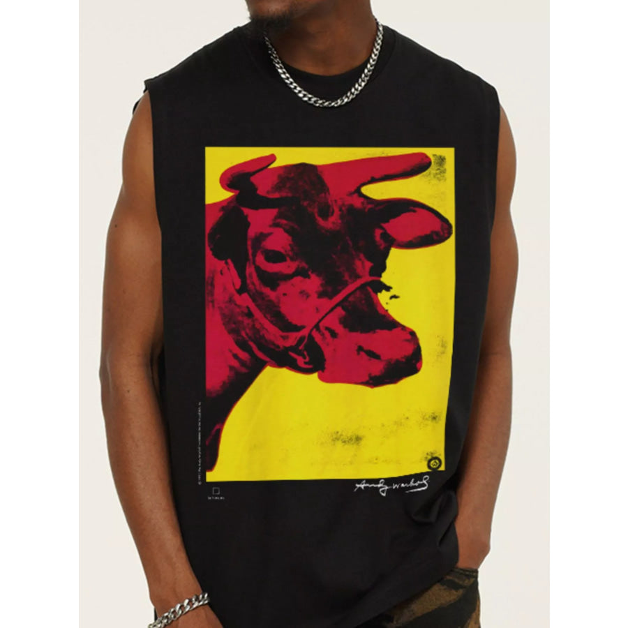 Men’s Cow Graphic Round Neck Tank Black / M Apparel and Accessories