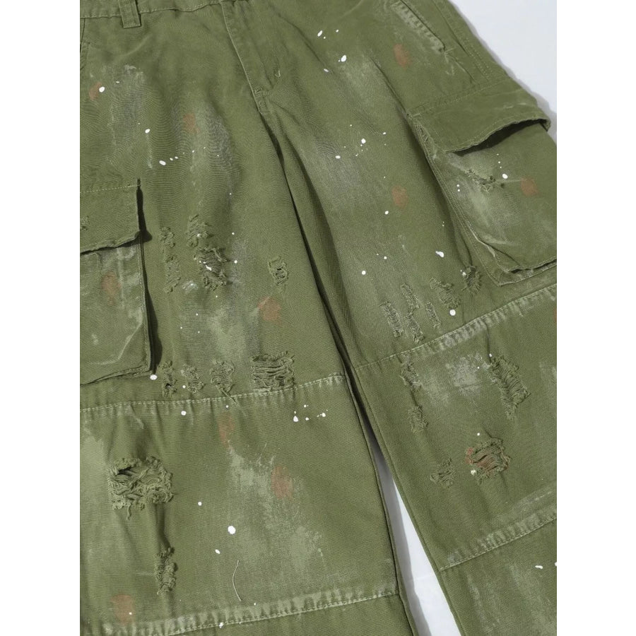 Men’s Distressed Cargo Pants with Paint Splatter Apparel and Accessories