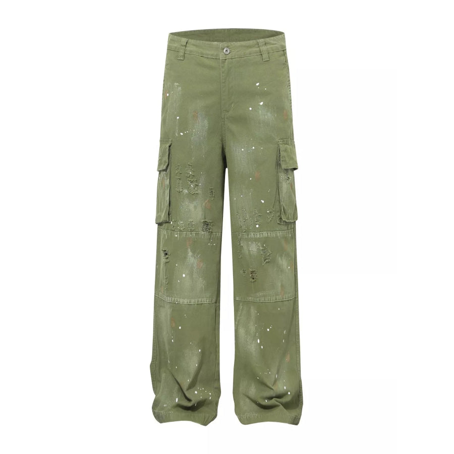 Men’s Distressed Cargo Pants with Paint Splatter Moss / S Apparel and Accessories
