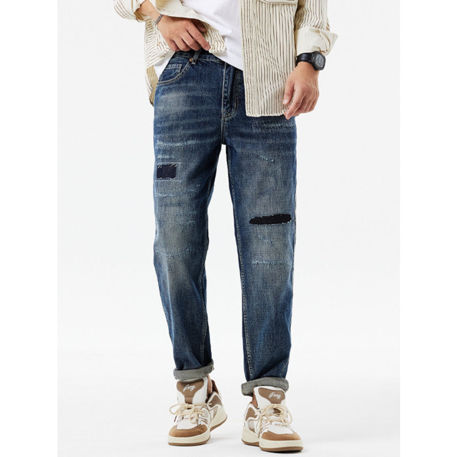 Men’s Distressed Patchwork Jeans Dark Blue / 28 Apparel and Accessories