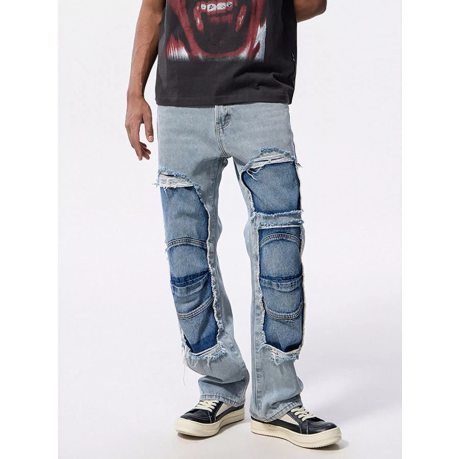 Men’s Distressed Patchwork Jeans Light Blue / 28 Apparel and Accessories