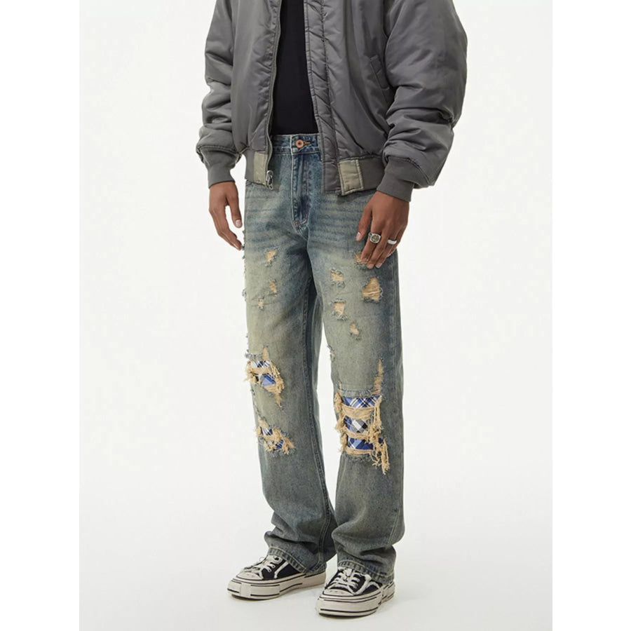 Men’s Distressed Plaid Patch Wide Leg Jeans Apparel and Accessories