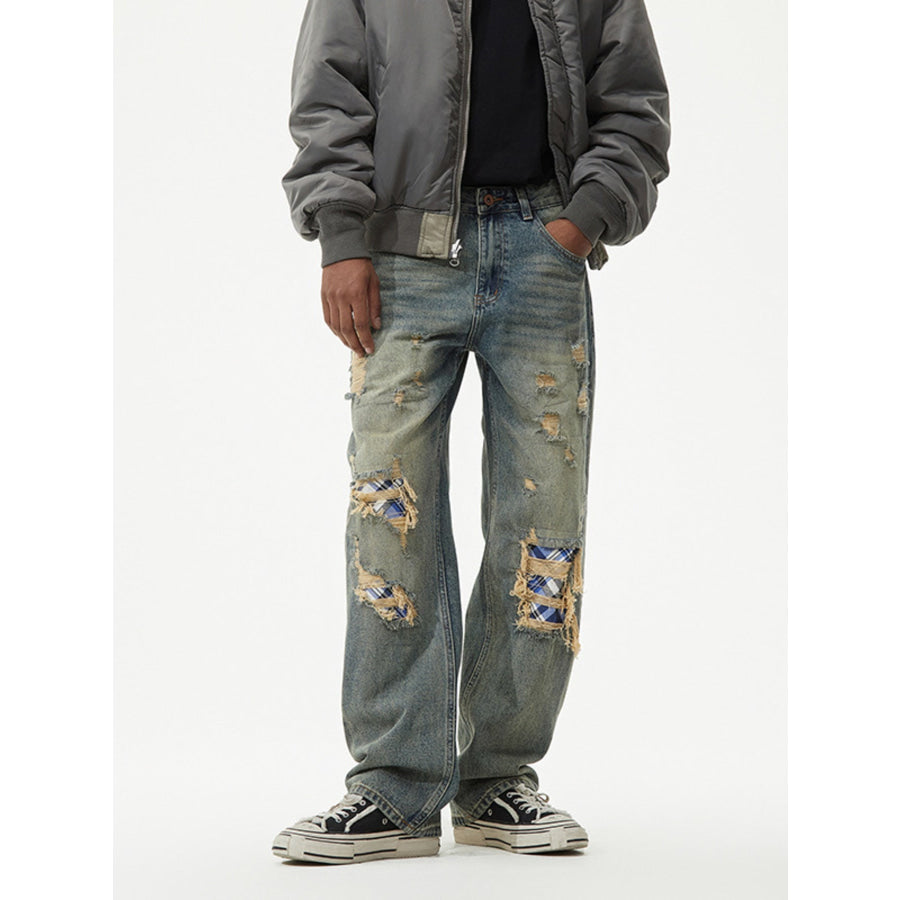 Men’s Distressed Plaid Patch Wide Leg Jeans Apparel and Accessories