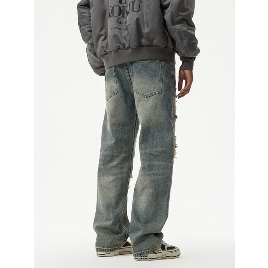 Men’s Distressed Plaid Patch Wide Leg Jeans Apparel and Accessories