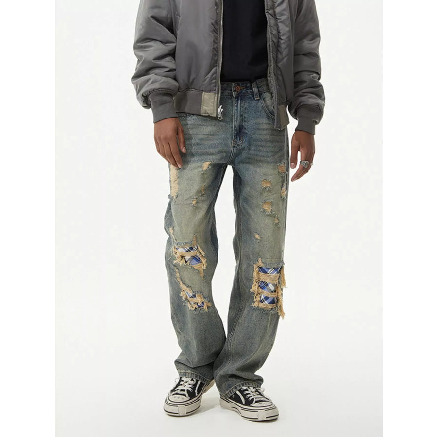 Men’s Distressed Plaid Patch Wide Leg Jeans Apparel and Accessories