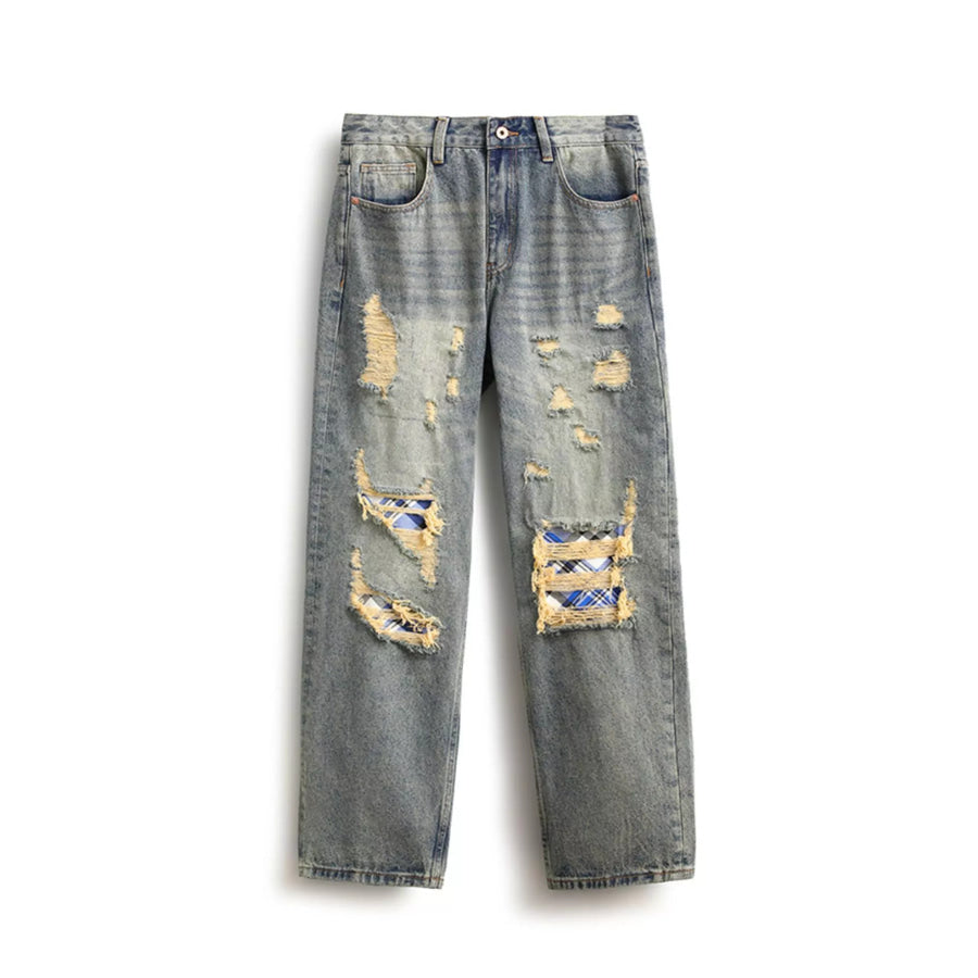Men’s Distressed Plaid Patch Wide Leg Jeans Apparel and Accessories