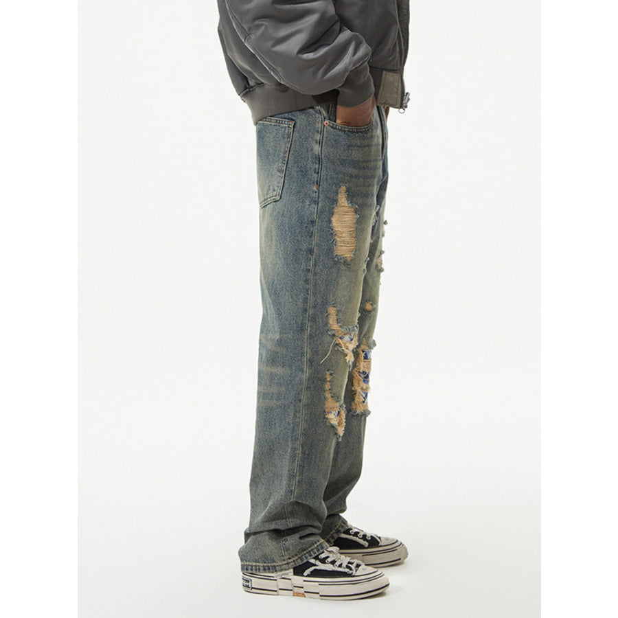 Men’s Distressed Plaid Patch Wide Leg Jeans Apparel and Accessories