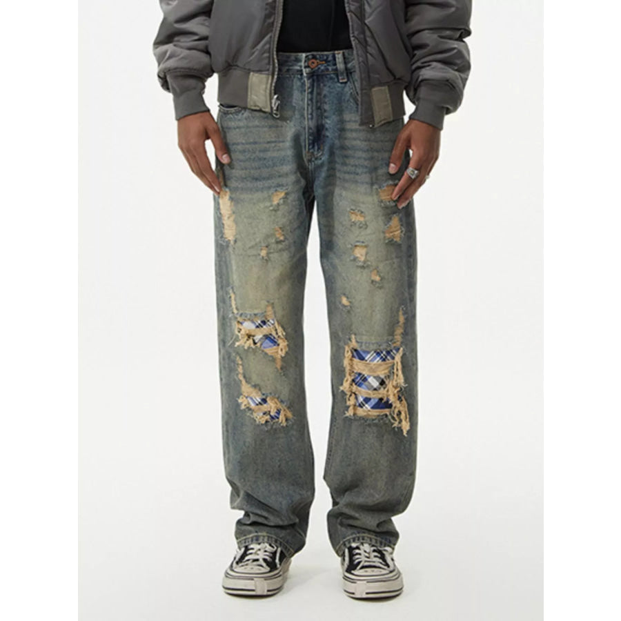 Men’s Distressed Plaid Patch Wide Leg Jeans Blue / 28 Apparel and Accessories