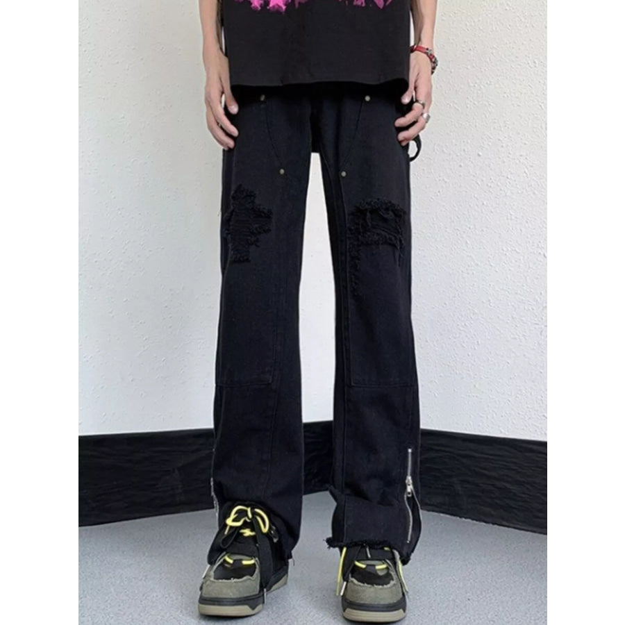 Men’s Distressed Raw Hem Wide Leg Jeans Black / S Apparel and Accessories