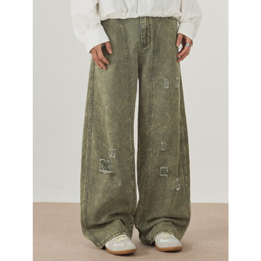 Men’s Distressed Wide Leg Jeans Green / XS Apparel and Accessories