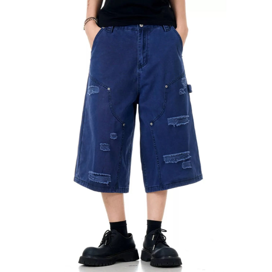 Men’s Distressed Wide Leg Shorts Navy Blue / S Apparel and Accessories