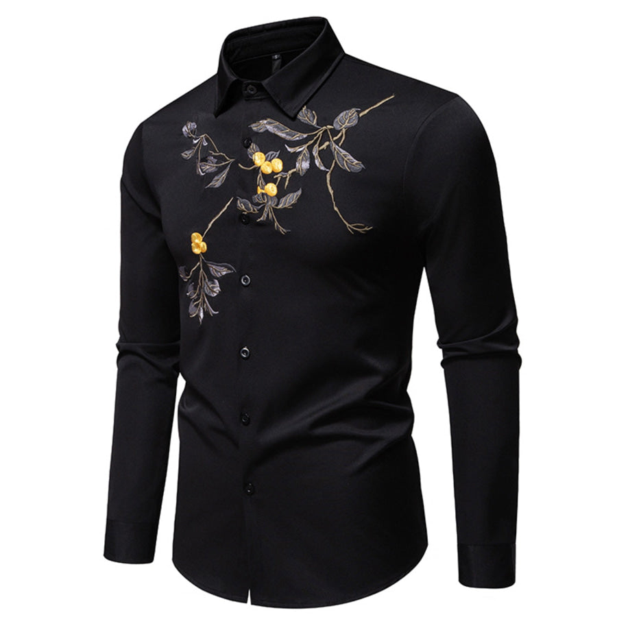 Men’s Embroidered Floral Long Sleeve Shirt Apparel and Accessories