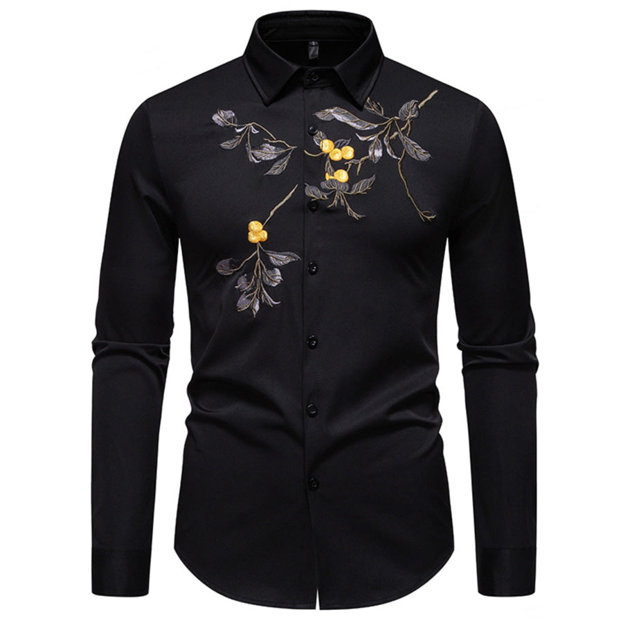 Men’s Embroidered Floral Long Sleeve Shirt Black / S Apparel and Accessories