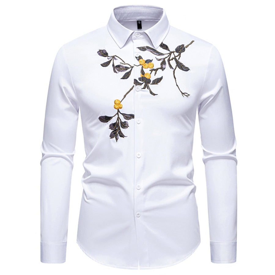 Men’s Embroidered Floral Long Sleeve Shirt White / S Apparel and Accessories