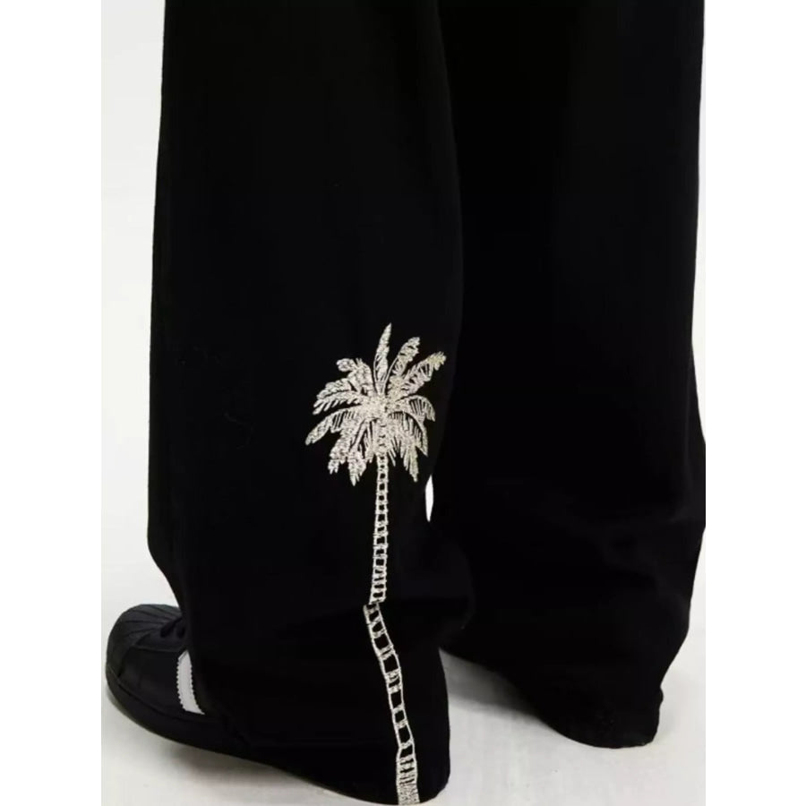 Men’s Embroidered Palm Tree Wide Leg Jeans Apparel and Accessories