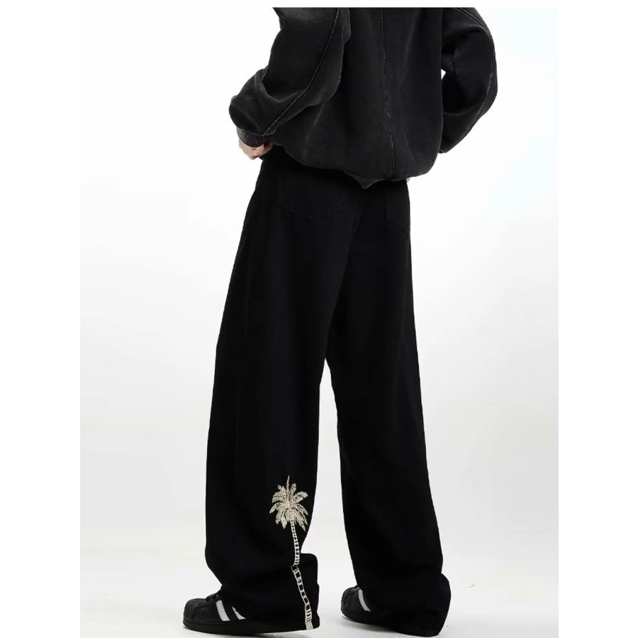 Men’s Embroidered Palm Tree Wide Leg Jeans Black / M Apparel and Accessories