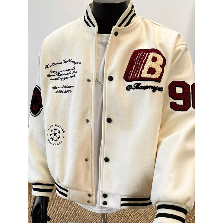 Men’s Embroidered Snap Down Baseball Jacket White / M Apparel and Accessories