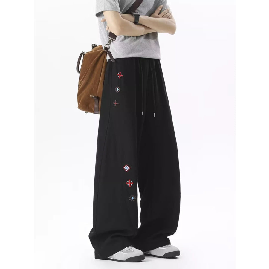 Men’s Embroidered Wide-Leg Casual Pants Black / M Apparel and Accessories