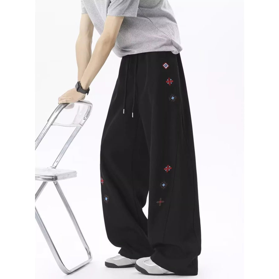 Men’s Embroidered Wide-Leg Casual Pants Black / M Apparel and Accessories