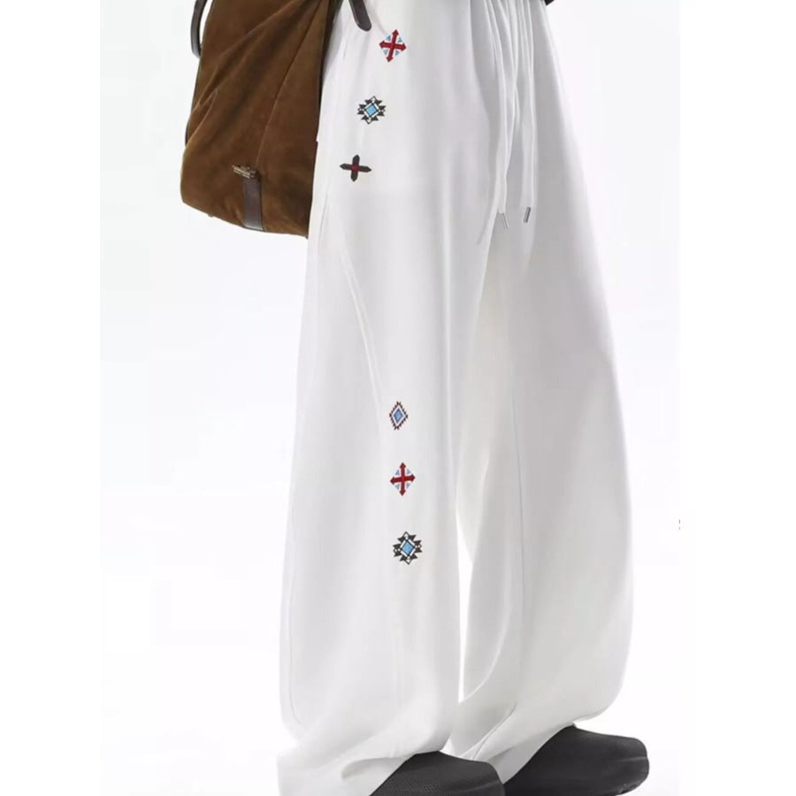 Men’s Embroidered Wide-Leg Casual Pants White / M Apparel and Accessories