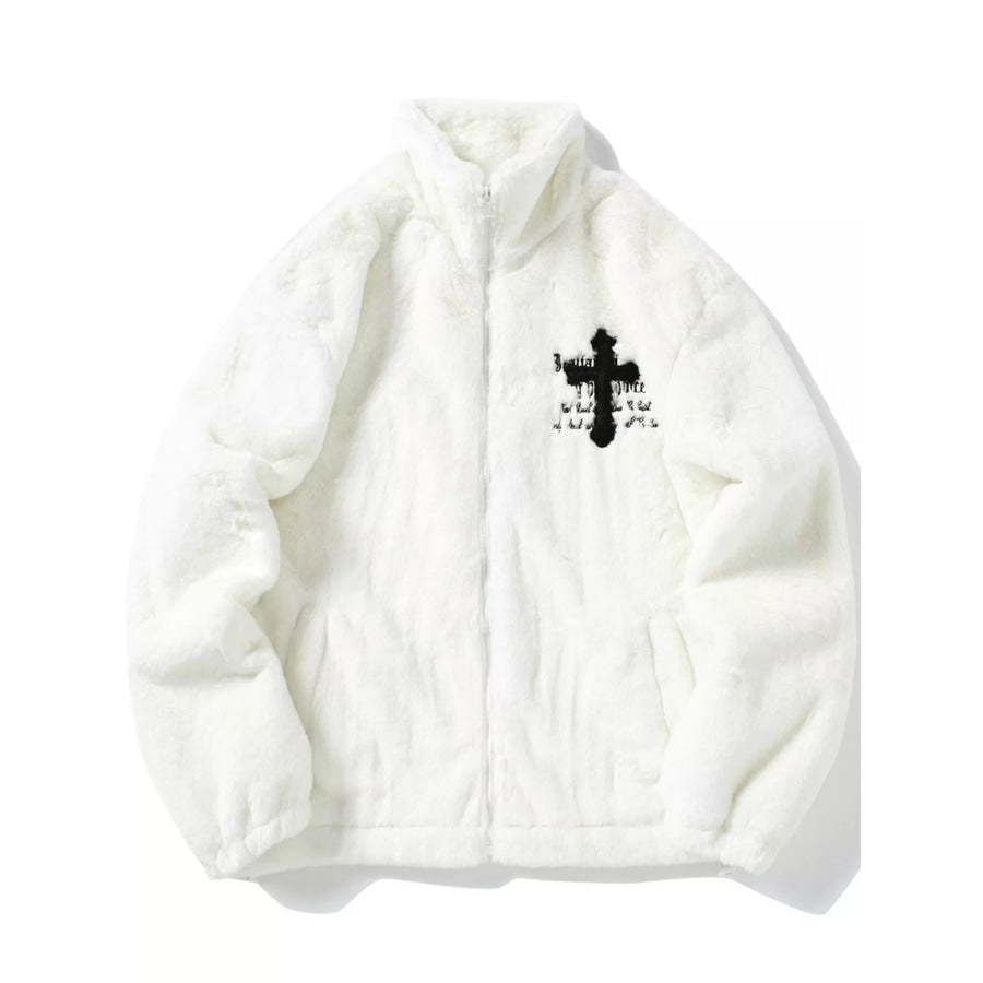 Men’s Faux Fur Cross Graphic Stand Collar Jacket Apparel and Accessories