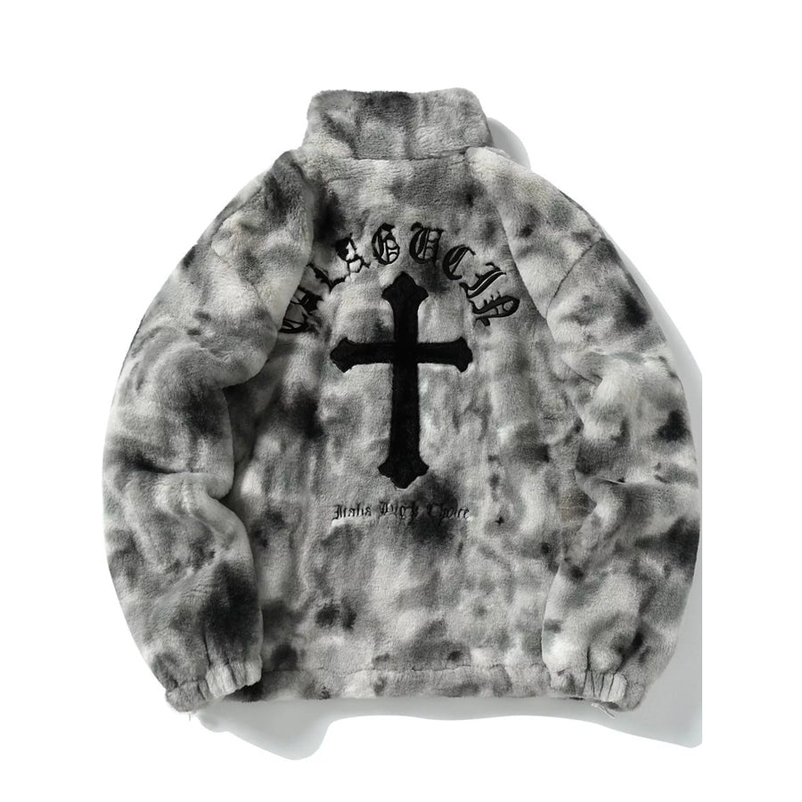 Men’s Faux Fur Cross Graphic Stand Collar Jacket Apparel and Accessories