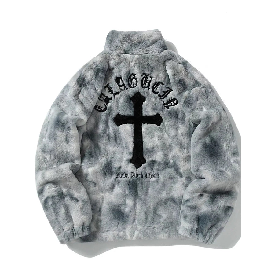 Men’s Faux Fur Cross Graphic Stand Collar Jacket Apparel and Accessories
