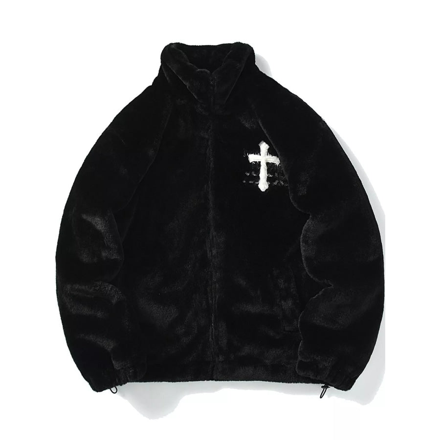 Men’s Faux Fur Cross Graphic Stand Collar Jacket Apparel and Accessories