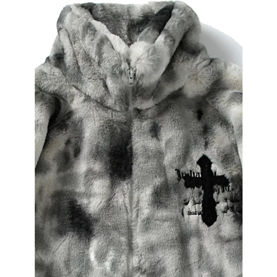 Men’s Faux Fur Cross Graphic Stand Collar Jacket Apparel and Accessories