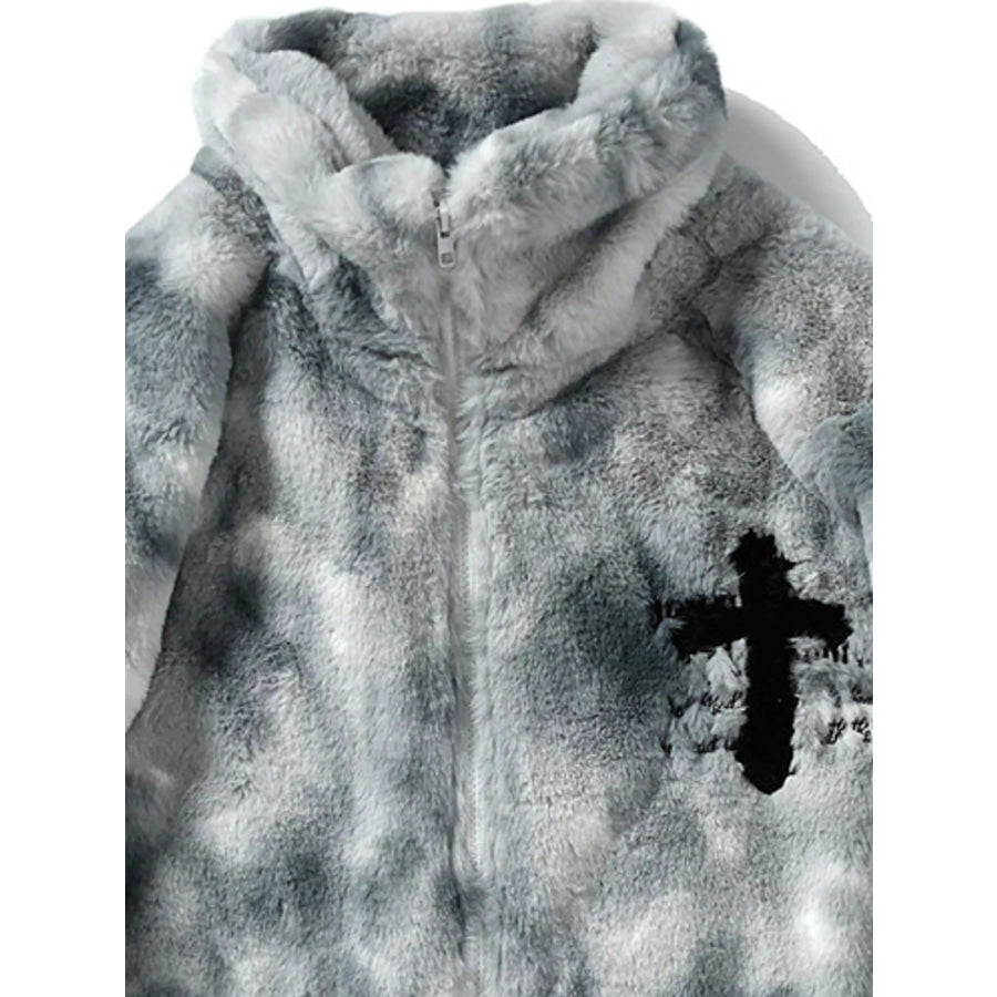 Men’s Faux Fur Cross Graphic Stand Collar Jacket Apparel and Accessories