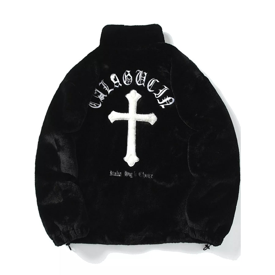Men’s Faux Fur Cross Graphic Stand Collar Jacket Black / S Apparel and Accessories