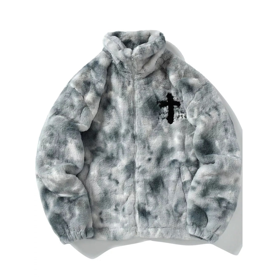 Men’s Faux Fur Cross Graphic Stand Collar Jacket Dusty Blue / S Apparel and Accessories