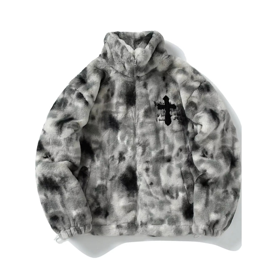 Men’s Faux Fur Cross Graphic Stand Collar Jacket Gray / S Apparel and Accessories