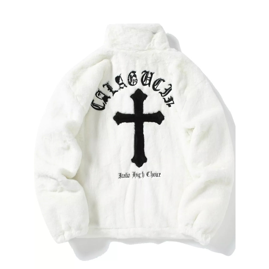 Men’s Faux Fur Cross Graphic Stand Collar Jacket White / S Apparel and Accessories