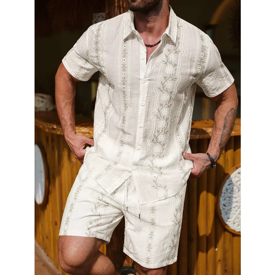 Men’s Flower Short Sleeve Shirt and Shorts Set White / S Apparel and Accessories